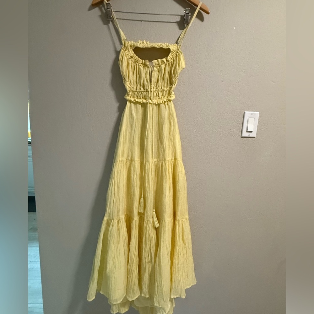 Yellow Smocked Tiered Maxi Dress with Tassel Tie Back Size L